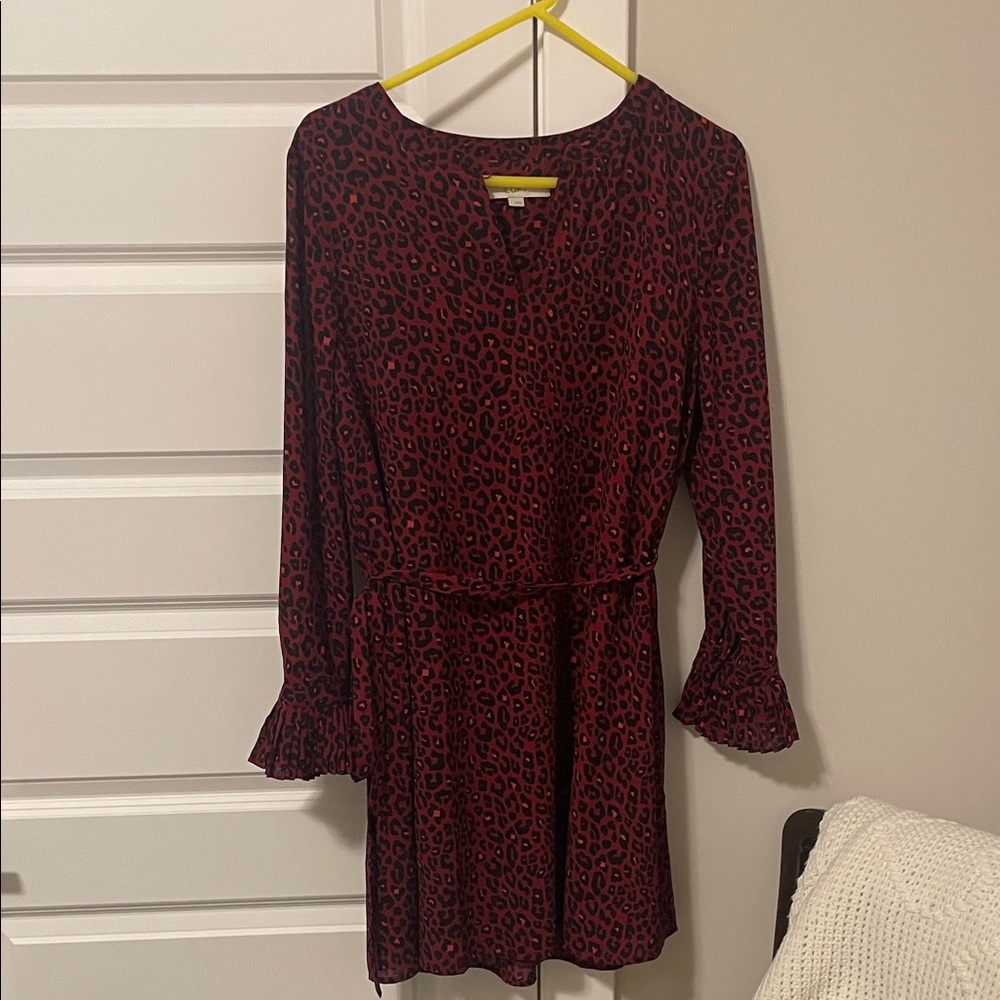 LOFT Red and Black Leopard Print Long Sleeve Dress